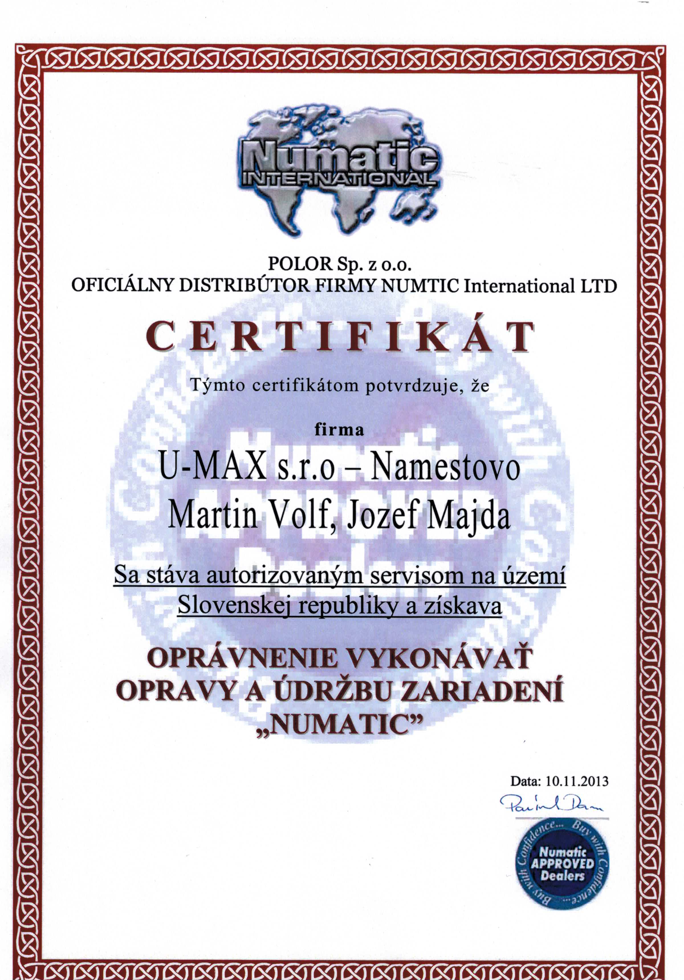 certifikat numatic u-max